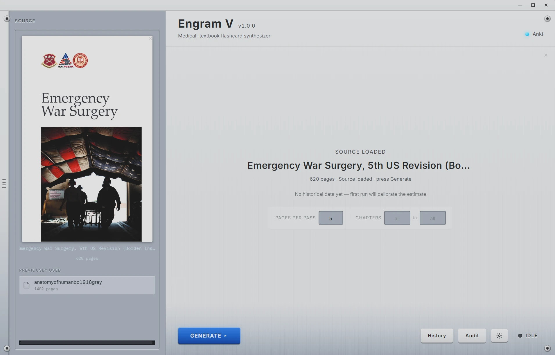 Engram V 1.0.0 with a 620-page textbook loaded in the source tray, ready to Generate.