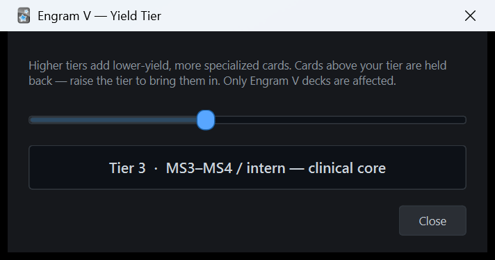 The Yield Tier dialog inside Anki: a slider from 1 to 6 set to Tier 3, MS3–MS4 / intern - clinical core.